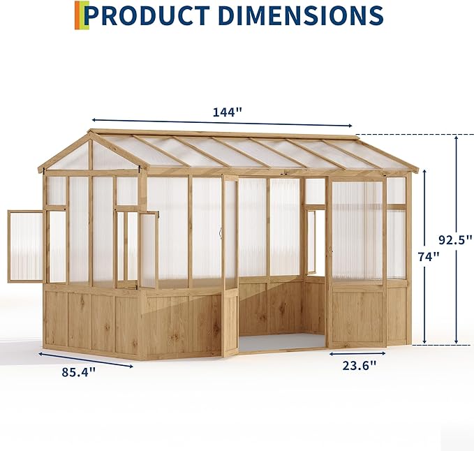 8x12 ft Wooden Greenhouse for Outdoor - Heavy Duty Walk-in Green House Kit with 6 mm Polycarbonate,Ventilated Window & Lockable Door for Backyard,Patio,Lawn
