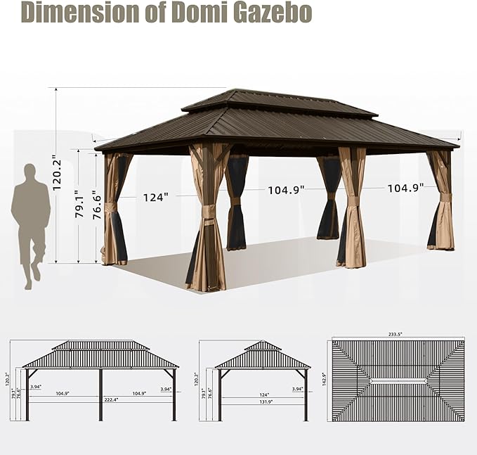 Domi 12'x20' Hardtop Gazebo Canopy - Outdoor MetalF with Galvanized Steel Double Roof, Curtain and Netting - Permanent Pavilion for Patio, Deck, Backyard