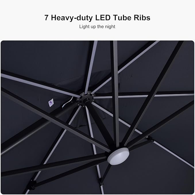 PURPLE LEAF 10 Feet Patio Umbrella with Base Outdoor Cantilever Solar Powered LED Square Umbrella Aluminum Offset Umbrella with 360-degree Rotation for Garden Deck Pool Patio, Grey