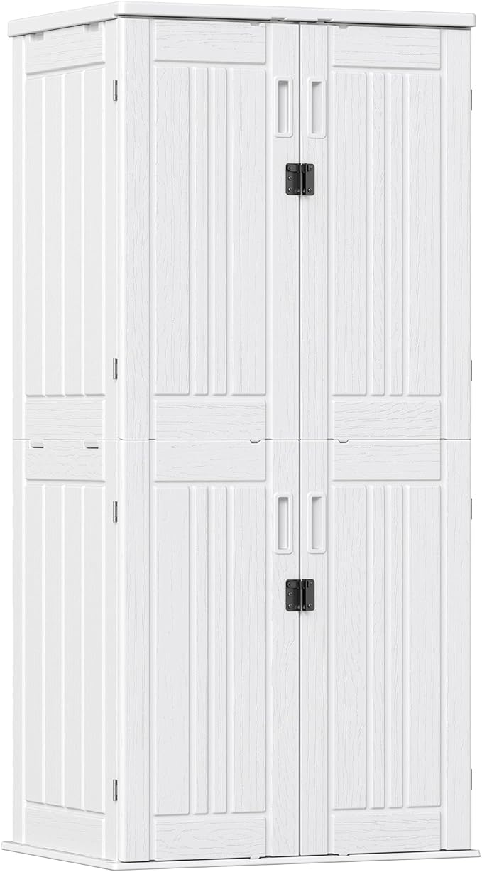 Outdoor Storage Cabinet with 4 Shelves,31.5" x 23.23" x 66.22" White Waterproof Shed,Waterproof Resin Vertical Tool Shed, Lockable 30 cu.ft. Storage Shed for Patio, Garden, Yard, White