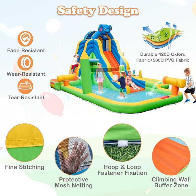 BOUNTECH Inflatable Water Slide, Elephant Surfing Slide Kids Water Park Jump Bouncy Castle w/2 Splash Pools, Hide & Seek Cave, Outdoor Water Slides Inflatables for Big Kids Backyard Party Gifts
