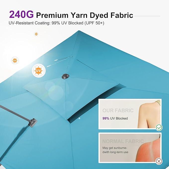 PURPLE LEAF 12ft Patio Umbrella with Base Large Outdoor Square Umbrella Deluxe Hanging Double Top Cantilever Offset Market Umbrella Windproof Garden Umbrella Turquoise Blue