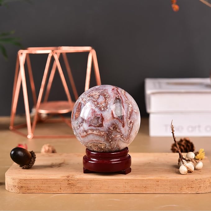 JIC Gem Striped Agate Crystal Ball with Wooden Stand Healing Crystal Sphere Ball for Feng Shui Decor Spiritual Gifts 60-70mm