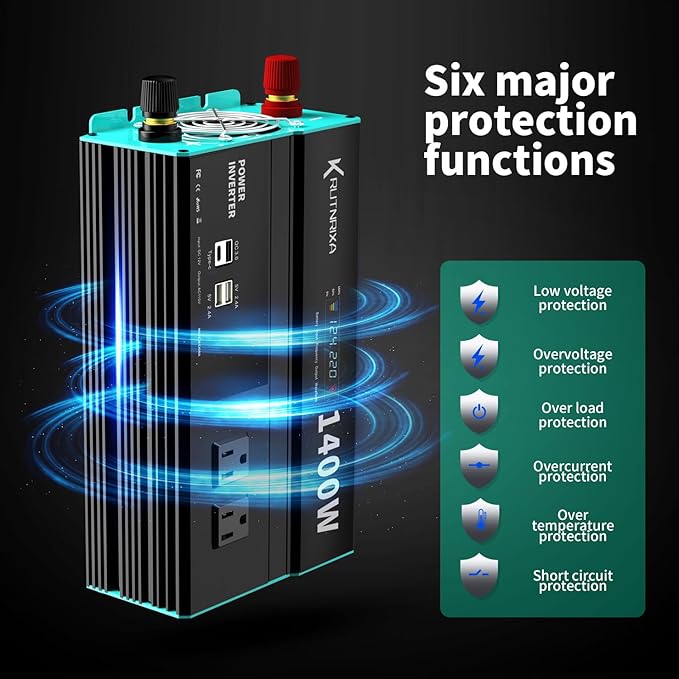 Power Inverters 12V DC to 110V AC Converter for Vehicles USB-C/PD 25W Fast Charging Ports Car Charger Adapter with a Cigarette Lighter Ports Plug Outlet (Modified sine wave-1400W)