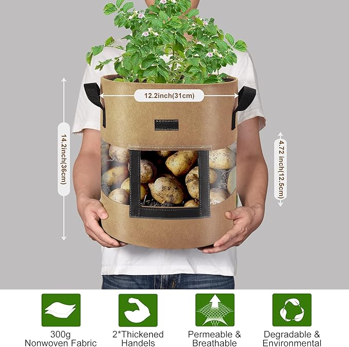 Visible Strawberry Sweet Potato Grow Bags 7 Gallon with Flap Window 3-Pack, Heavy Duty Thickened Aeration Nonwoven Fabric Pots with Handles, Come with 3-Pcs Plant Labels&Lens Hoods