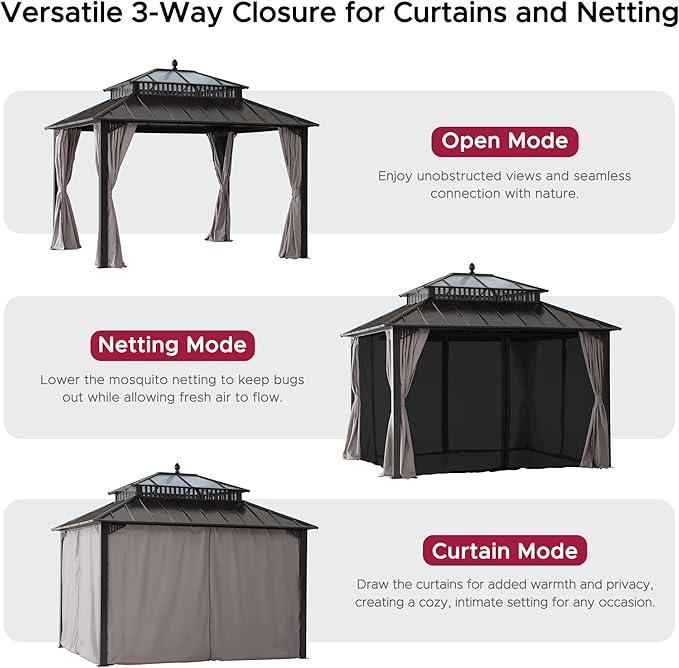 SUNJOY Kingston 12' x 10' Hardtop Gazebo with Galvanized Steel/Polycarbonate Double Roof, Curtain and Netting, Brown Aluminum Posts Permanent Pavilion Gazebo for Garden, Patio, Deck, Lawn