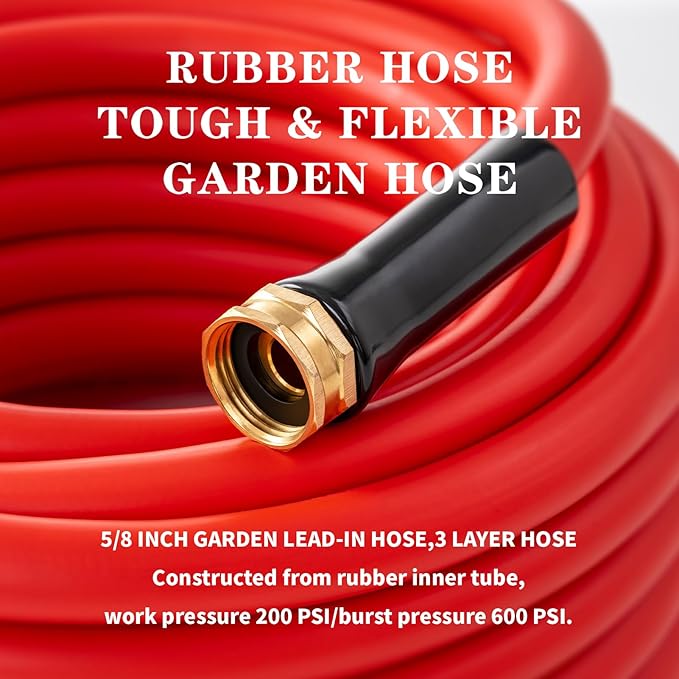 Garden Hose 75 ft x 5/8” Hot Water Hose,-50°F to 190°F, Burst 600Psi Flexible & Lightweight Upgraded Rubber Hoses,3/4” Solid Fittings for All-weather Outdoor Lawn & Garden
