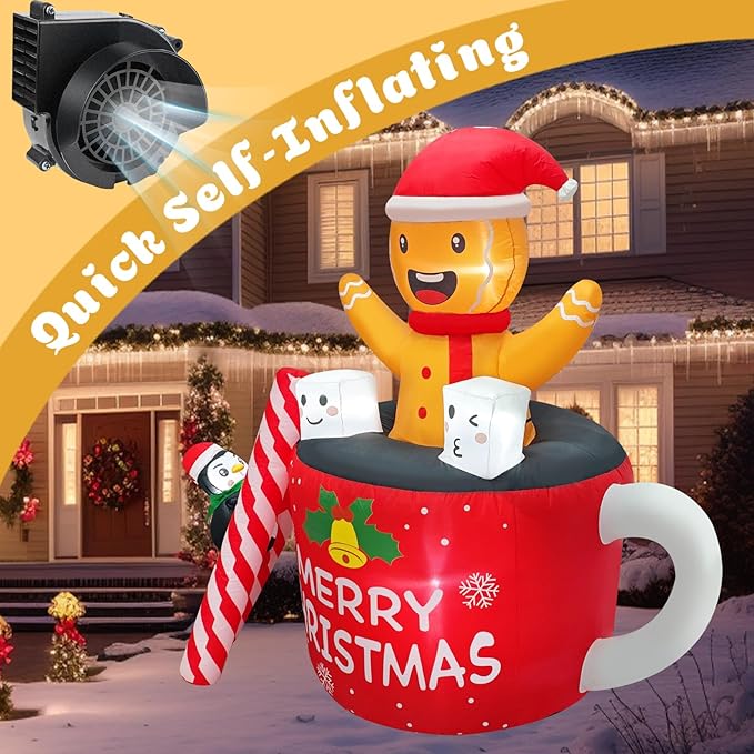 6FT Christmas Inflatables Outdoor Decorations, Navidad Blow Up Gingerbread Swiming in Hot Cocoa Mug Scene with Penguin Built in LED for Garden Lawn Xmas Decor Party