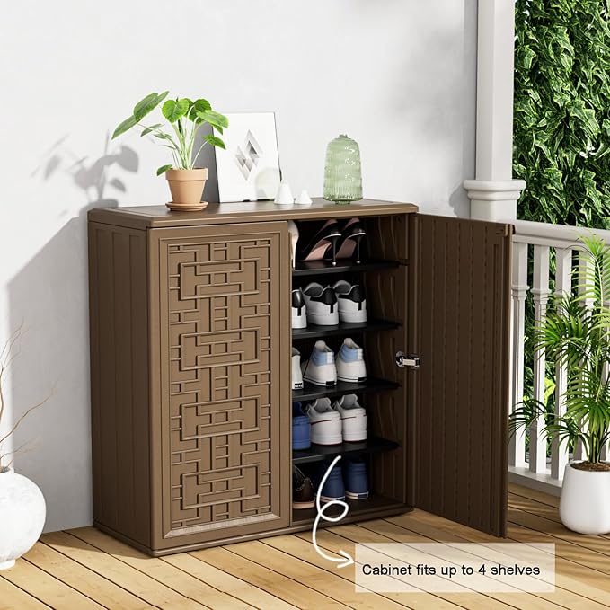KINYING Outdoor Storage Cabinet Waterproof, Resin 60 Gallon Storage Box for Patio Furniture Cushions, Garden Tools, Pool Accessories (Dark Brown with 1 Shelving)