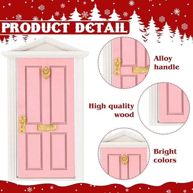 Shappy 39 Pcs Christmas Fairy Door Kit Wooden Elf Fairy Doors Decorations with Accessories Mini Door Tiny Miniature for Christmas Tale DIY Craft Garden Home Party Decoration (Pink)