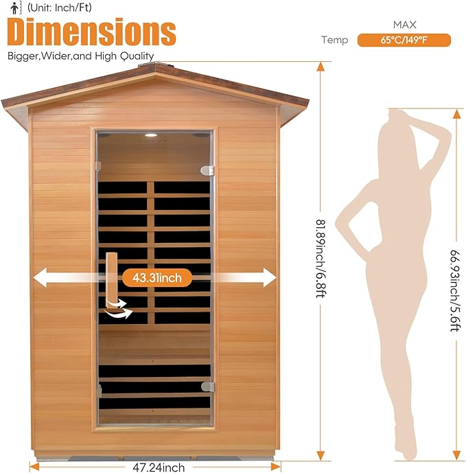 Far Infrared Sauna Home Sauna Outdoor Sauna for 2 Person, Dry Sauna with Low EMF 1950W,with Towel Rack and Cup Holder,Canadian Hemlock Wood