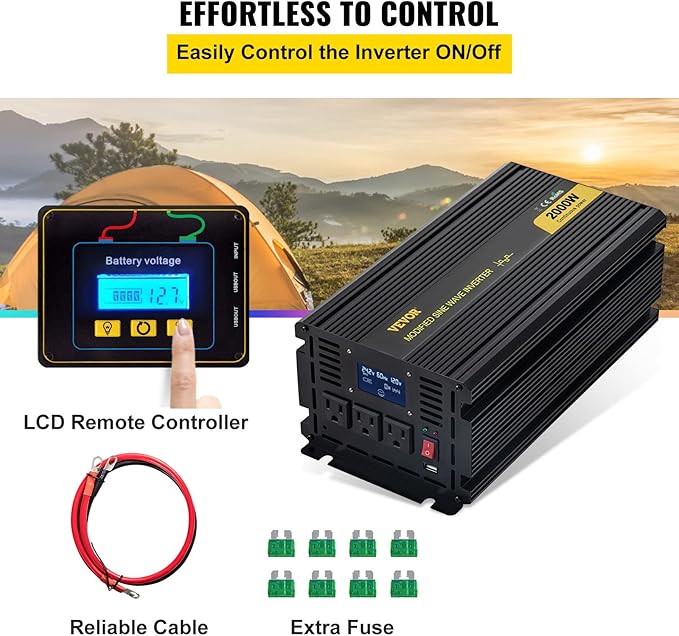 VEVOR Power Inverter, 2000W Modified Sine Wave Inverter, DC 12V to AC 120V Car Converter, with LCD Display, Remote Controller, LED Indicator, AC Outlets Inverter for Truck RV Car Boat Travel Camping