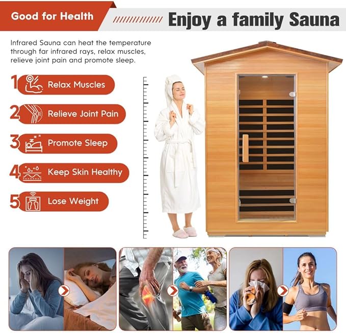 Outdoor Sauna 2 Person Far Infrared Saunas Dry Home Sauna Room Hemlock 1 to 2 Person Wood Sauna 1950W/110V Low EMF with Speaker, Reading Light, Cup Holder and Towel Rack - 47 * 39 * 82 in