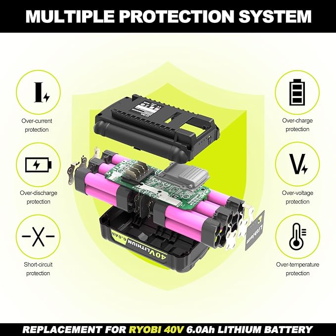 40V 6.0Ah Lithium-Ion Battery Replacement for Ryobi 40v Battery, OP4020, OP4060, OP4040, OP4050. High Capacity Compatible with Ryobi 40-Volt HP Cordless Power Tools and Chargers