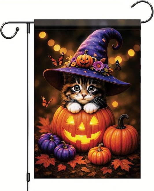 Fall Halloween Garden Flag Kitten Cat Flag 12x18 Inch Double-Sided Cute Pumpkin Witch Hat Yard Banner Autumn Outdoor Decor for Porch Lawn Pathway Cat Lover Holiday Gift