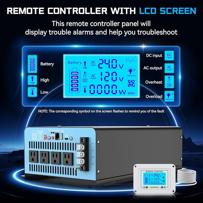 New Upgraded 24V 3000 Watts Pure Sine Wave Inverter, 24V DC to 110V/120V AC Power Inverter with 4 AC Outlets, USB Port, Type-C Port for Truck, Vehicle, Power Outage, Remote Control with LCD Screen
