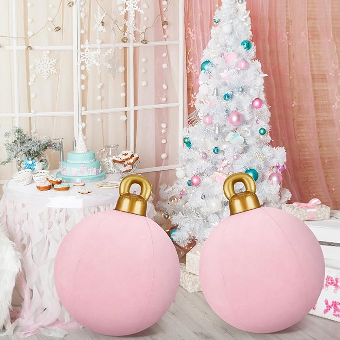 Jetec 3 Pcs 32 Inch Giant Velvet Christmas Inflatable Balls Ornament Flocked Xmas PVC Inflatable Flocked Ball Ornaments for Christmas Holiday Outdoor Blow up Yard Decor(Pink)