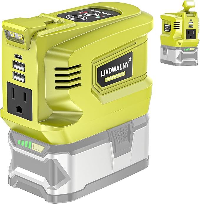 200W Real Power Inverter Compatible with Ryobi 18V, DC 18V to AC 110-120V Battery Inverter, LIVOWALNY Power Station Generator, Charger Adapter Battery Powered Outlet with 2 USB & 1 Type-C & 1 AC