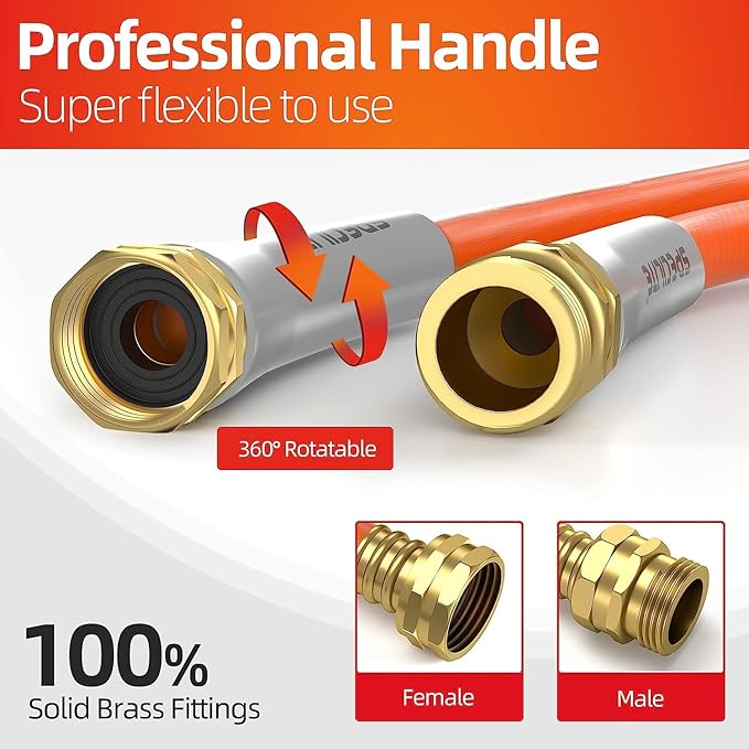 SPECILITE Garden Water Hose 150 ft x 5/8 in Heavy Duty, Flexible and Lightweight, Burst 600 psi, Kink-less Hybrid Rubber Pipe for Backyard, 3/4'' Brass Fittings, Orange