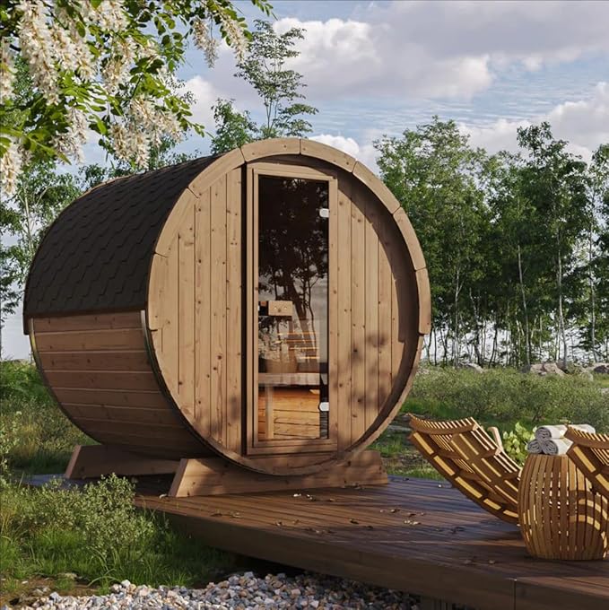 ZONEMEL Outdoor Barrel Steam Sauna, Wooden Sauna Room for 3-4 Person with 4.5KW ETL Certified TOULE Heater, Rocks, 8mm Tempered Glass, Waterproof System