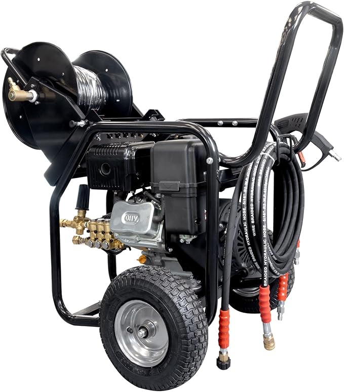 Canpump 2-in-1 Gas Pressure Washer & Sewer Jetter – 3400 PSI, 5.7 GPM, 420cc Loncin Engine – Triplex Pump w/Extended Bypass Unloader – 100 ft Hose Reel, Foot Valve, Spray Gun, Wand, Hose, Nozzles