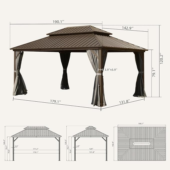 Domi 12' x 16' Hardtop Gazebo Permanent Metal Gazebo with Galvanized Steel Double Roof, Curtains and Netting for Party, Wedding, Outdoor Dining, Patio, Backyard, Brown