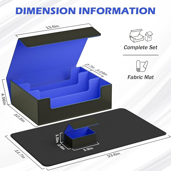 Card Storage Box 3000+ MTG Deck Box with Game Mat and 8 Divider Tabs, 3 Row Commander Trading Card Cases with Dice Tray, Commander Deck Case for TCG, CCG, YuGiOh and Sport Card (Black & Blue)