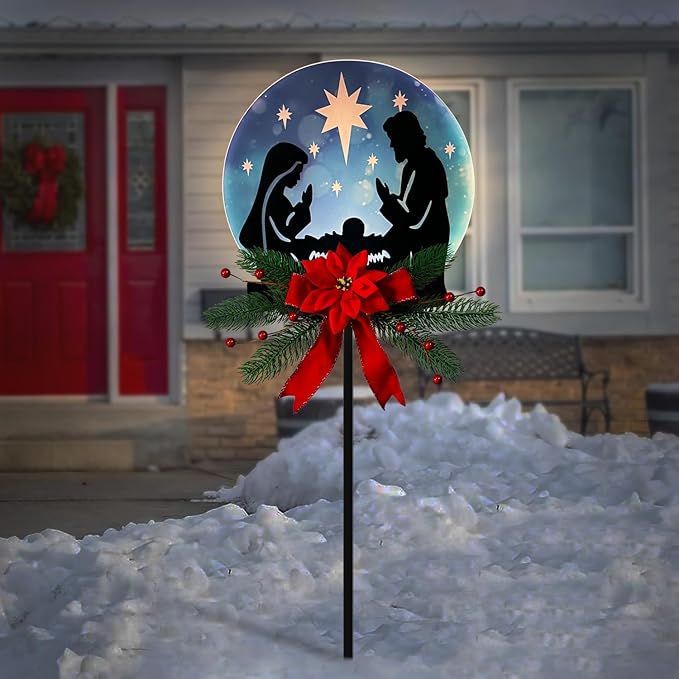 Christmas Jesus Solar Garden Stake Decor Outdoor Waterproof LED Lighted Yard Art Religious Xmas Decor for Patios Courtyards Lawns Christmas Decor and Thanksgiving Gifts