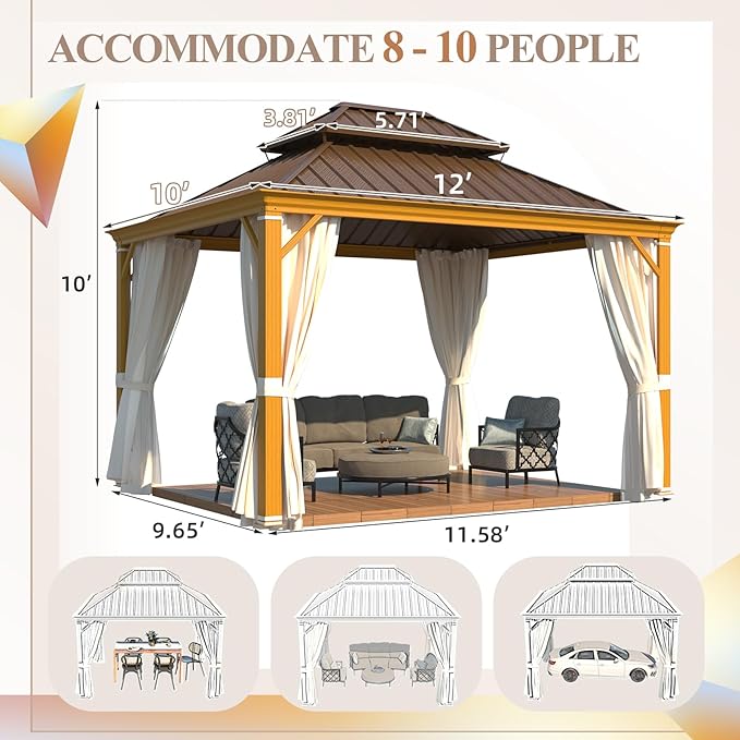YOLENY 10' x 12' Hardtop Gazebo, Wood Grain Aluminum Frame Canopy with Galvanized Steel Double Roof, Outdoor Patio Gazebo with Netting and Curtains for Backyard, Patio, Lawns