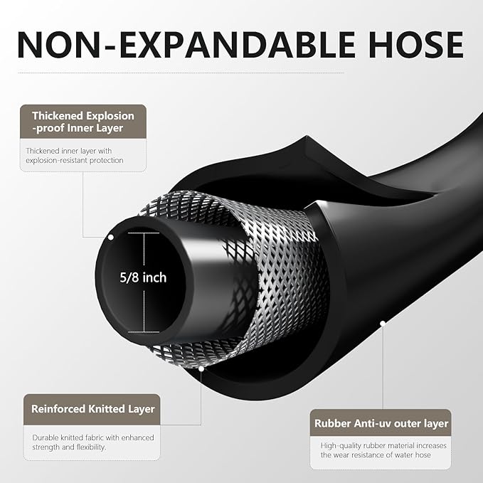 Garden Hose 5/8" x 50ft - Heavy Duty Rubber Water Hose 600 PSI Burst Pressure, No Kink & Durable Flexible Hose for Yard, Car Wash, Pets Black