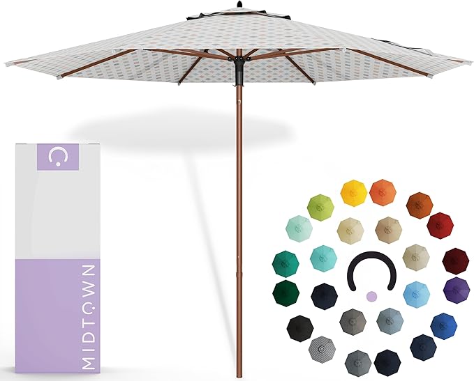 Midtown Umbrellas The Wooden 8 Feet Patio Umbrella With Sunbrella Infused Gem Acrylic Fabric - Aluminum Frame Market Umbrella For Backyard, Deck, Garden, Pool - Wooden Pole