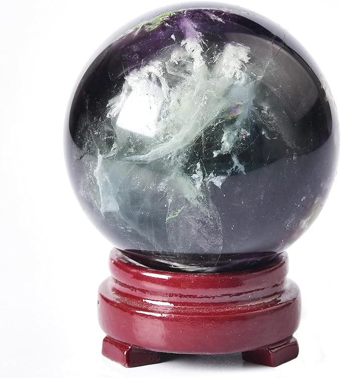 JIC Gem Natural Feather Fluorite Crystal Ball Round Healing Crystals Decorative Sphere with Wooden Stand Meditation Home Decor 2.3-2.7 inch (60-70mm)