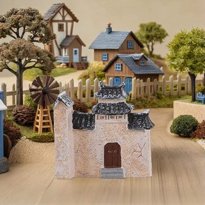 DECHOUS 10Pcs Miniature Village House: Resin Miniature Fairy Garden Houses with Chinese Stone Lion Statue - Micro Landscape Cottage Ornaments Kit for DIY Garden Bonsai Terrarium