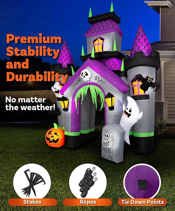 12FT Tall Halloween Inflatable Haunted House Castle, Halloween Blow Up Haunted House Inflatables Built-in 12 Bright LEDs for Halloween Inflatable Outdoor Yard Lawn Garden Decoration