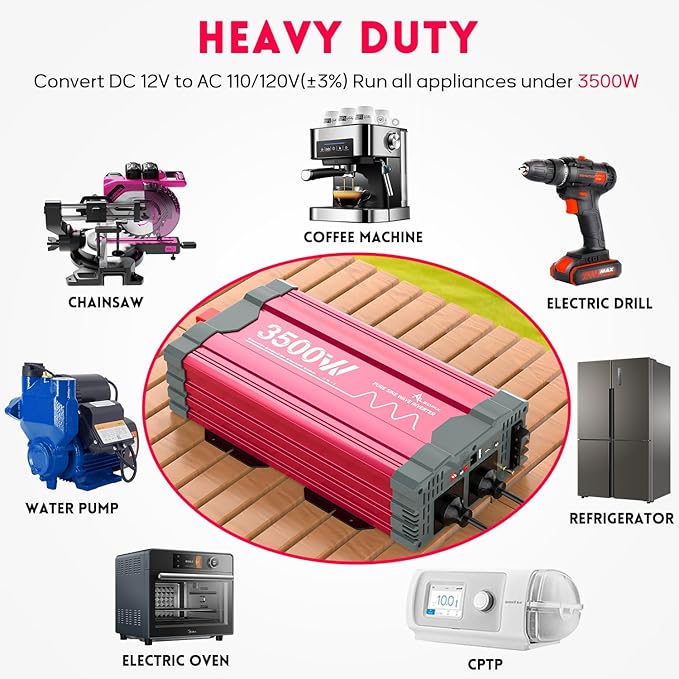 3500 Watt Pure Sine Wave Power Inverter 12V DC to 110V 120V Converter for Home, RV and Off-Grid Solar Systems with Type-C Port, 2 AC Outlets, Dual USB Ports, Remote Control with LCD Screen