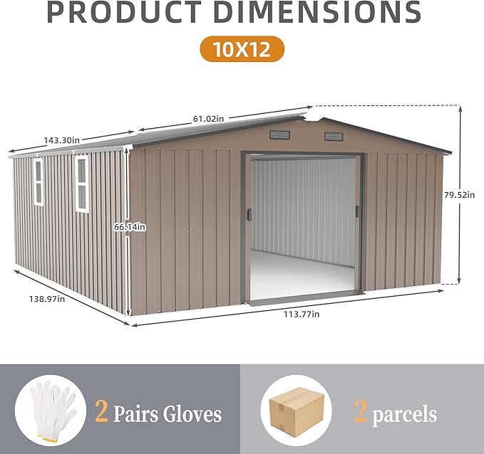 10×12 Ft Metal Shed Outdoor Storage with Two Daylight Windows, 0.25mm Galvanized Steel Metal Garden Shed Waterproof with Lockable Door for Backyard, Patio, Garden，Brown