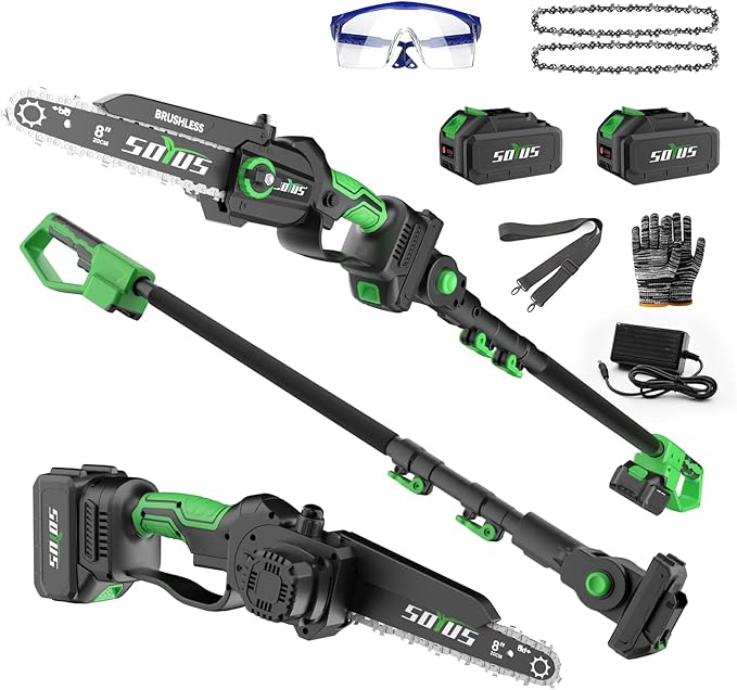SOYUS 2-IN-1 Cordless Pole Saw & 8-Inch Mini Chainsaw for Tree Trimming, 21V Electric Pole Chainsaw with 2x 3.0Ah Batteries, Brushless Motor, Max Reach 15ft, Pole Saw for Thick Branch Cutting