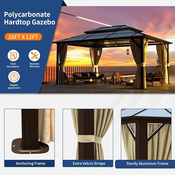 12'x16' Hardtop Gazebo, Outdoor Polycarbonate Double Roof Canopy, Aluminum Frame Permanent Pavilion with Curtains and Netting, Sunshade for Garden, Patio, Lawns