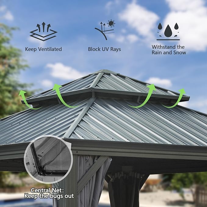 Domi 12x12FT Outdoor Gazebo, Hardtop Gazebo with Galvanized Steel Double Roof, Metal Gazebos with Drainage System Patio Pergola for Patio Deck Backyard,Curtain and Netting,Gray