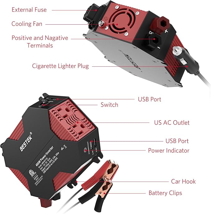 BESTEK 400W Car Power Inverter DC 12V to AC 110V Car Plug Inverter Adapter Power Converter with 4 USB Charging Ports and 2 AC Outlets Car Charger, ETL Listed