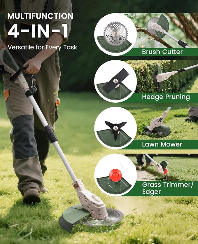 Electric Weed Wacker Cordless, Brushless Grass Trimmer with 21V 4.0Ah Batteries and Charger, 4 Types of Blades String Trimmer, Weed Eater Battery Powered with Shoulder Strap, Lawn Edger Tool