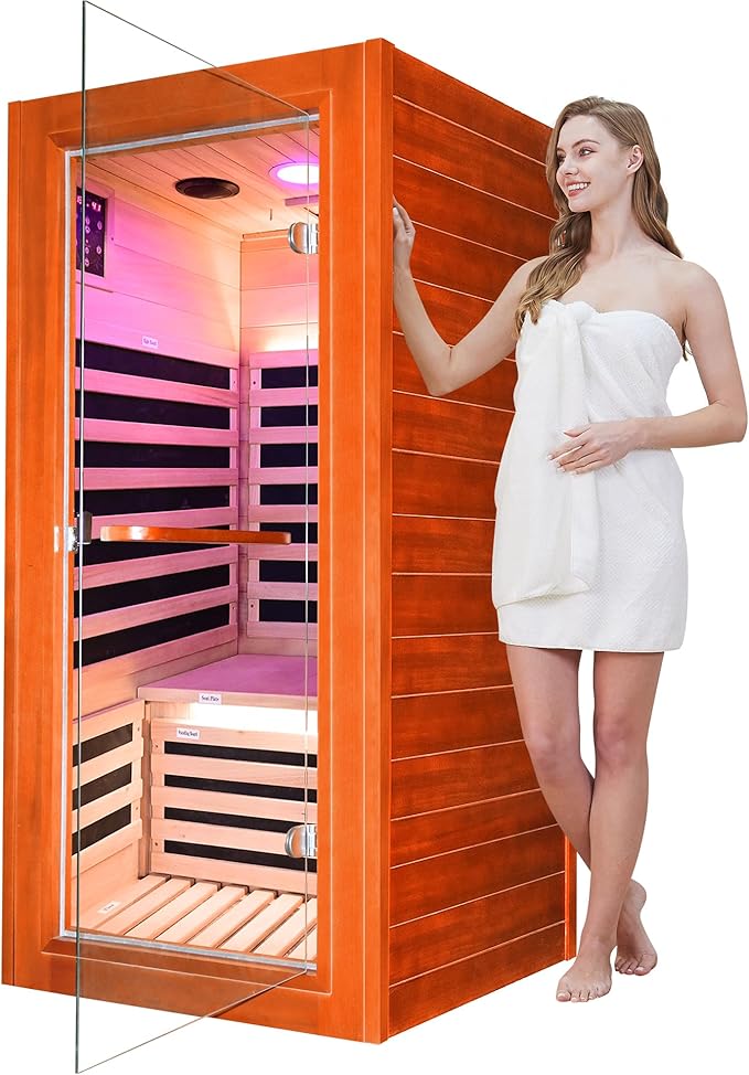 Infrared Sauna for Home Indoor Sauna Wooden Dry Sauna Room Low EMF 1020W for 1 Person with Control Panel, Bluetooth Speaker, Reading Lamp