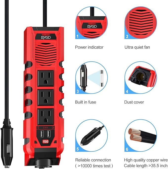 150W Car Power Inverter DC 12V to 110V AC Converter with 3 AC Outlets 2 Quick Charger 4.8A Dual USB Ports Cigarette Lighter Socket Charger Adapter