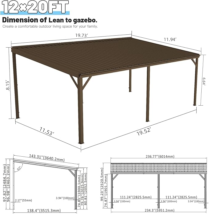 Domi 12’x20’ Lean-to Gazebo, Hardtop Wall-Mounted Gazebo Pergola with Sloping Galvanized Steel Roof and Upgraded Drainage System, Outdoor Permanent Metal Shelters for Patio Backyard Deck, Brown