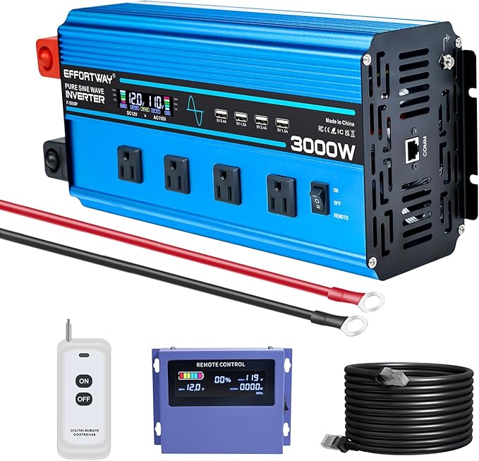 3000w Pure sine Wave Inverter DC 12V to AC 110V/120V Converter, 6000w (Peak) with LCD Display, Wireless/Wired Remote Control, 4AC outlets and 4USB.Ideal for Camping, RV Travel, Off-Grid Solar Systems