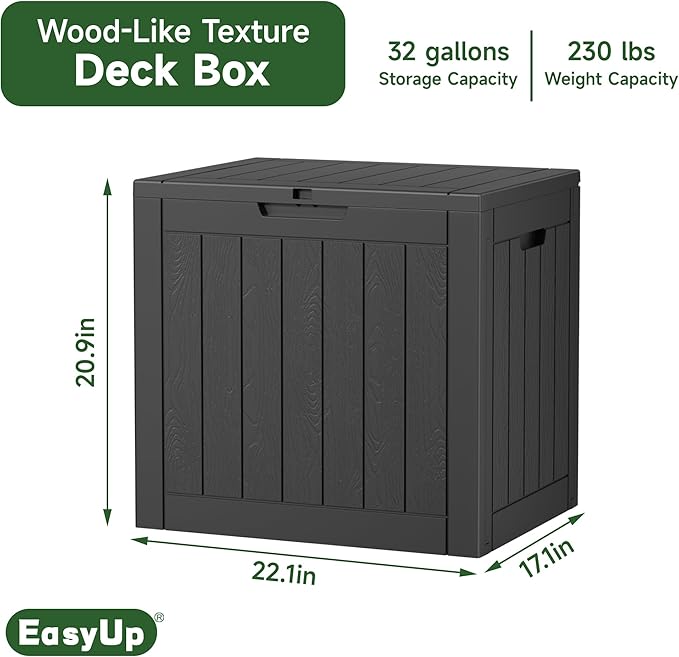 EasyUp 32 Gallon Resin Deck Box Waterproof, UV Resistant Outdoor Storage Box for Delivery, Porch, Patio and Garden, Stripe Black