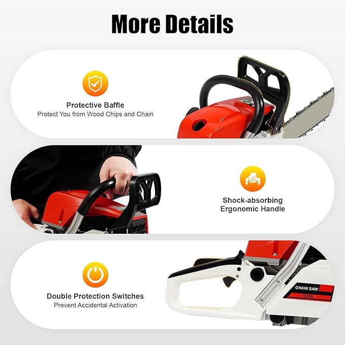 22 Inch Gas Chainsaw 52CC 2KW Petrol Chainsaws 2-Stroke Engine Chainsaw Chain Saw Set for Cutting Wood Outdoor Home Farm Us (Red-White)