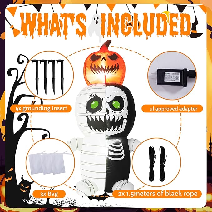 5FT Zombie with Pumpkin On Head, Halloween Outdoor Inflatable Decoration, with LED Lights, Suitable for Outdoor Lawns, Gardens, Terraces and Halloween Parties