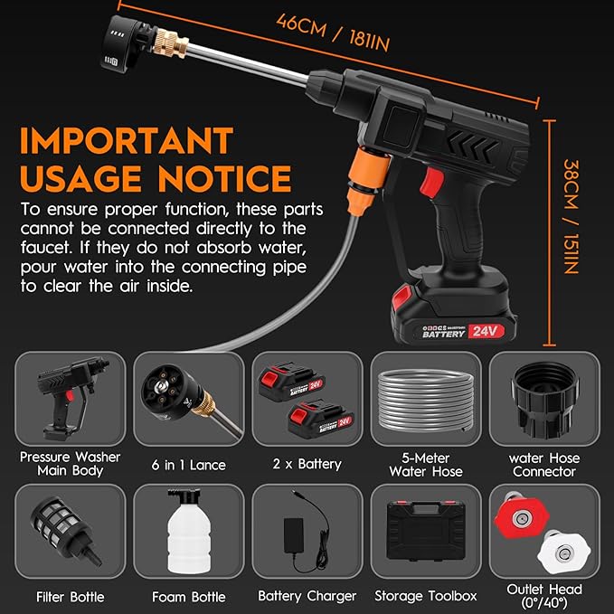Cordless Pressure Washer, 6-in-1 Nozzle Portable Battery Powered Pressure Washer Handheld, Portable High Pressure Cordless Power Washer for Car/Floor/Patio Cleaning