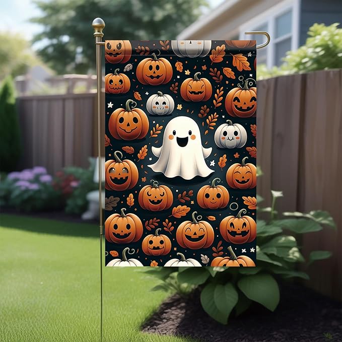 Halloween Pumpkin Ghost Garden Flag 12x18 Inch Double Sided for Outside Cute Ghost Pumpkin Yard Flag for Outdoor Holiday Home Decor